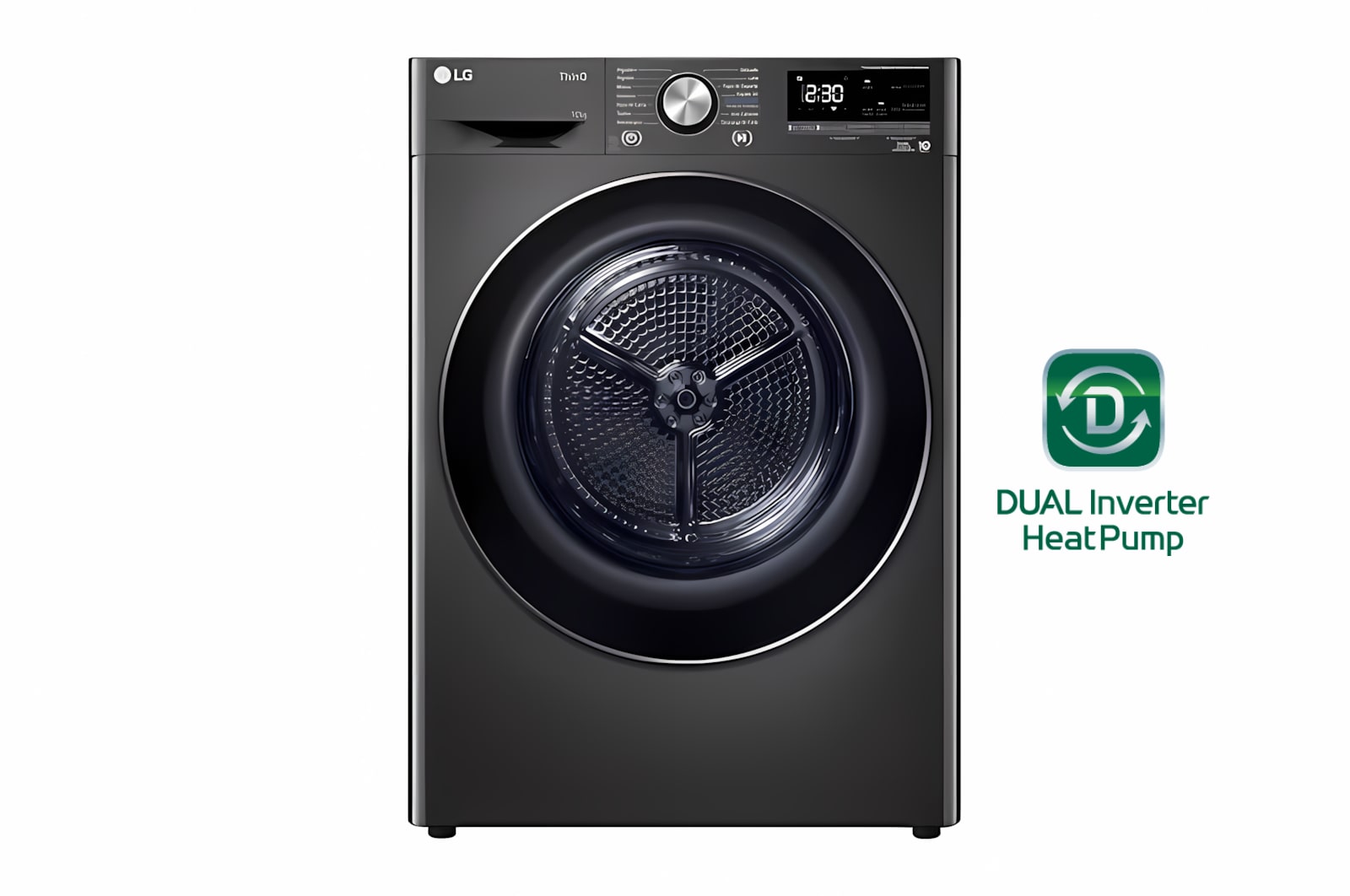 Vista frontal de Secadora LG 10Kg con Motor Dual Inverter Heat Pump, Thinq™, Negro acero DF10BVC2S6